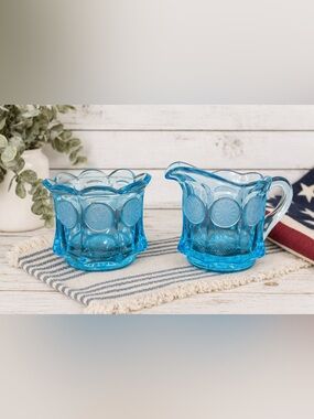 Vtg Glass Cream Sugar Bowl Set Blue 250th Anniversary Americana Patriotic Decor